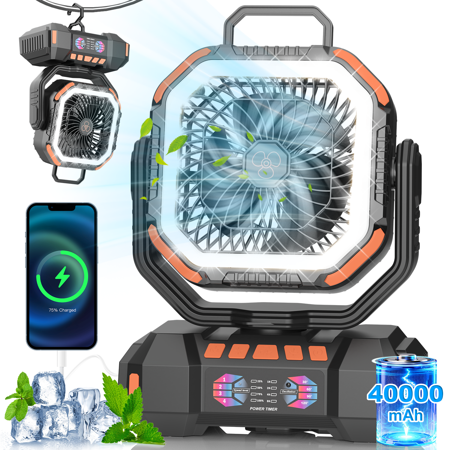 Outdoor Power Pedestal - Portable Camping Fan Rechargeable 40000mAh Battery