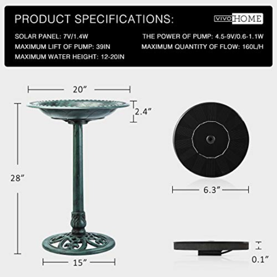 Bird Bath with Solar Fountain  - Outdoor Power Pedestal recension och pris