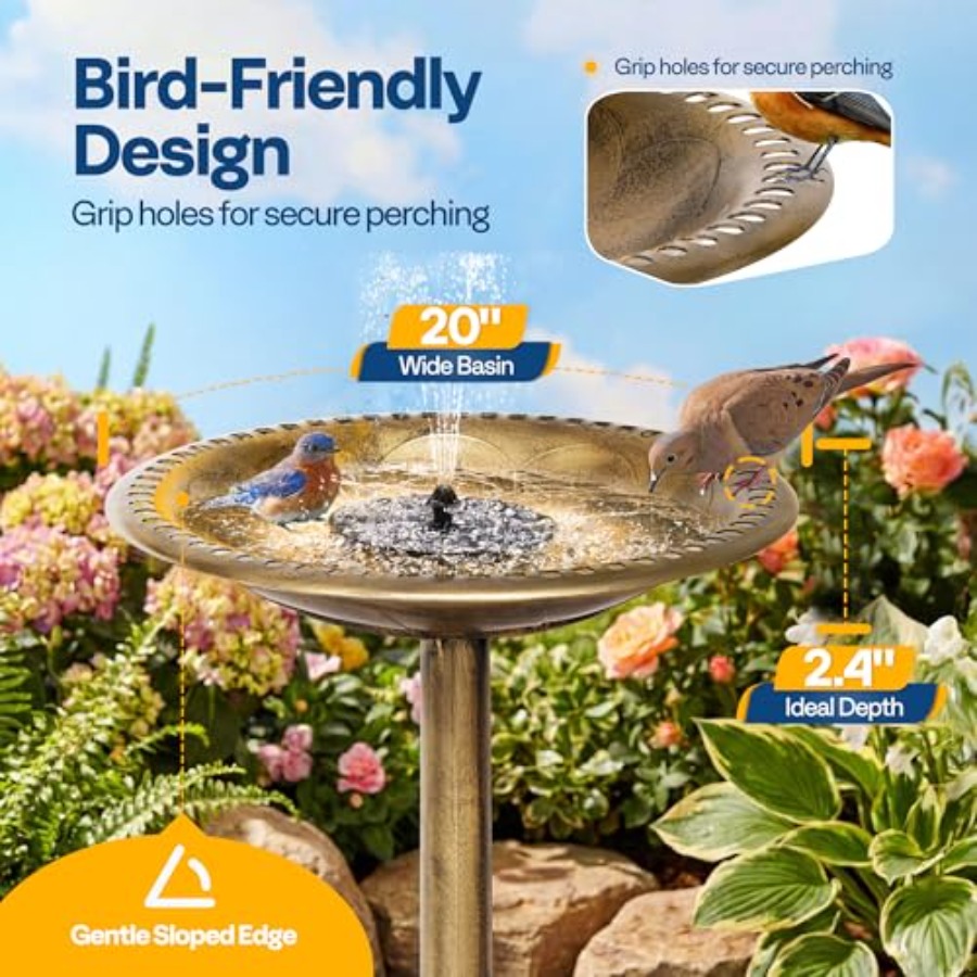 Bird Bath with Solar Fountain  - Outdoor Power Pedestal recension och pris